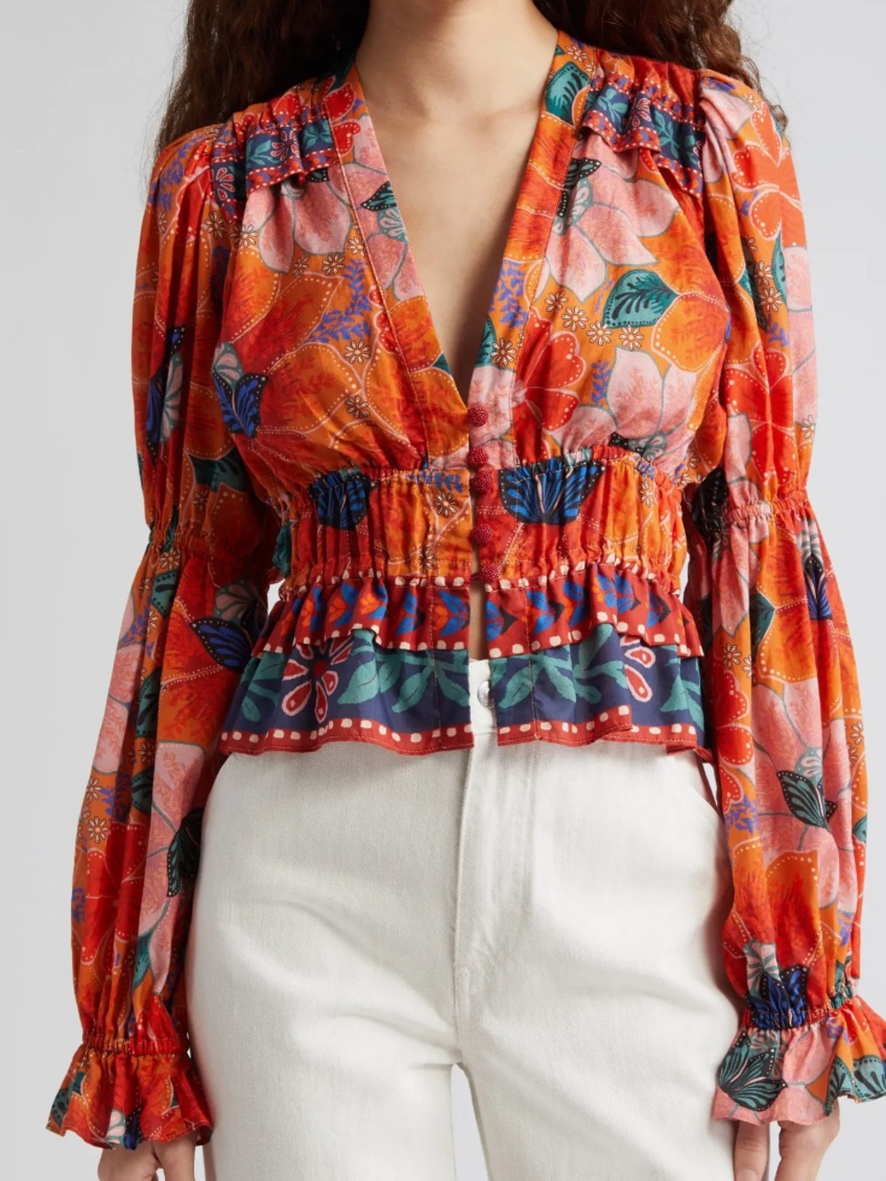 FARM Rio Marias Floral Plunge Neck Peplum Top